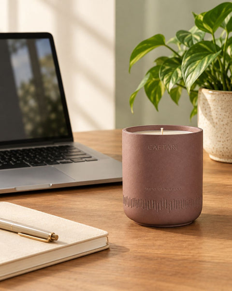 Caftari Scent of Nirvana candle on a wooden home-office desk with a laptop, notebook, pen and leafy plant