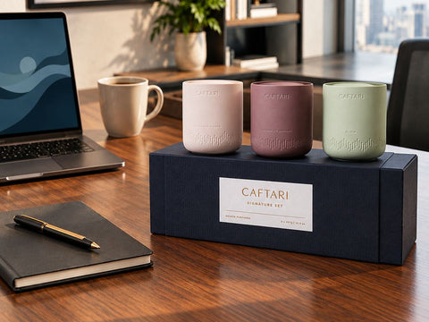 Caftari Signature Gift Set with three ceramic candles on its navy presentation box, on a wooden office desk beside a notebook and laptop