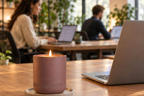 Caftari Scent of Nirvana candle beside a laptop in a co-working space with two people working in the background