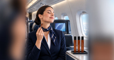 Flight attendant with her full head visible holding a Caftari roll-on perfume oil, with three Caftari perfume oils on the airplane tray.