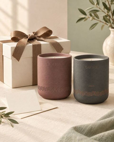 Caftari Scent of Nirvana and Nidra candles beside a ribbon-wrapped ivory gift box and note card, a corporate gifting scene with illustrative gift packaging